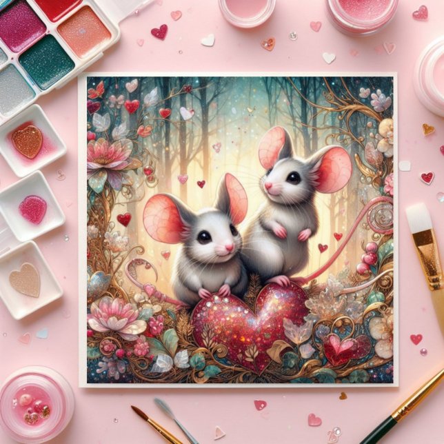 Woodland Mice Cute Red Hearts Valentine  Holiday Card (Creator Uploaded)