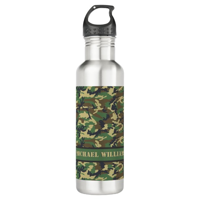 Woodland Militairy Camo Print - Personalized  Stainless Steel Water Bottle (Front)