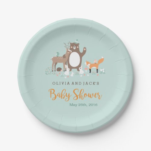 Woodland Mint and Orange Baby Shower Paper Plate