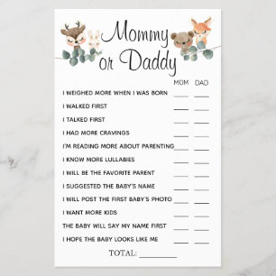 Woodland Mommy or Daddy He said She Said game card Flyer