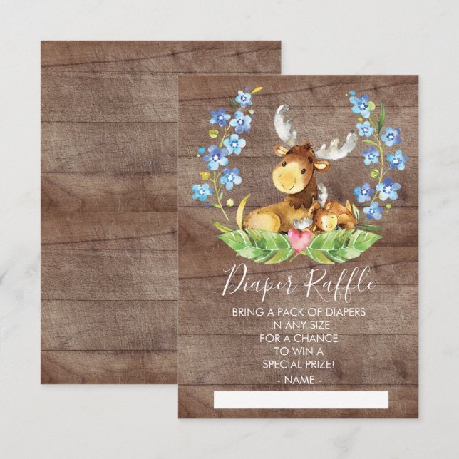 Woodland Moose Baby Shower Diaper Raffle Ticket Invitation (Front/Back)