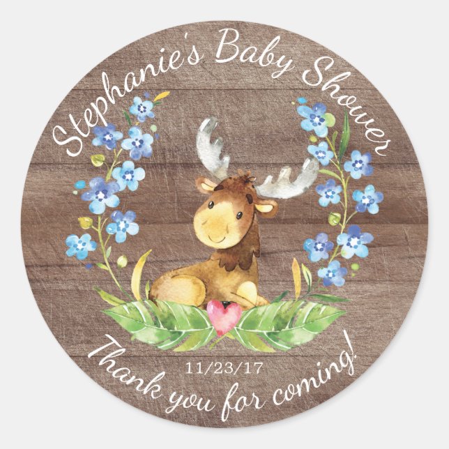 Woodland Moose Boys Baby Shower Favor Sticker (Front)