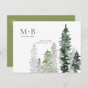 Woodland Moss Green Monogram Save the Date Postcard