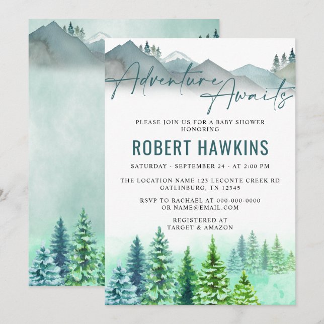 Woodland Mountain Adventure Awaits Baby Shower Invitation (Front/Back)