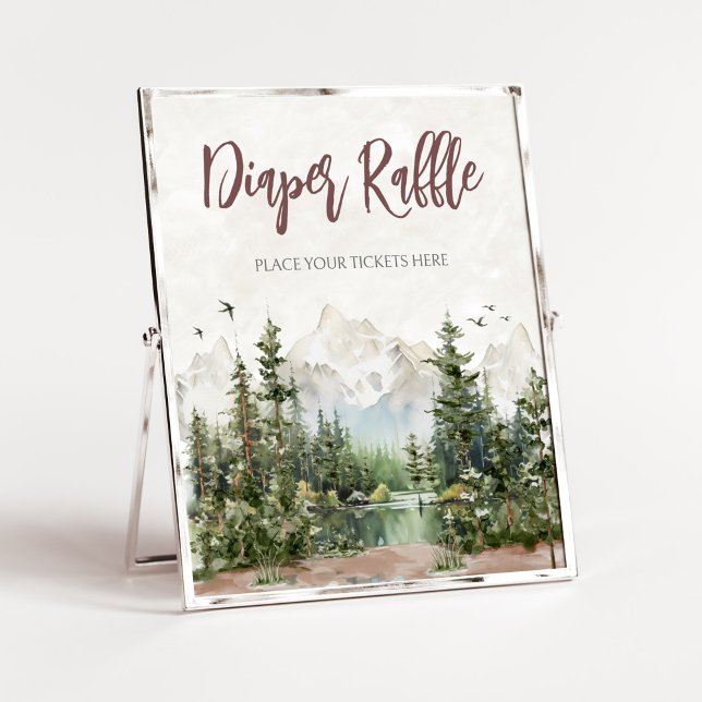 Woodland Mountain Baby Shower Diaper Raffle Poster (Let The Adventure Begin Baby Shower Diaper Raffle Sign)