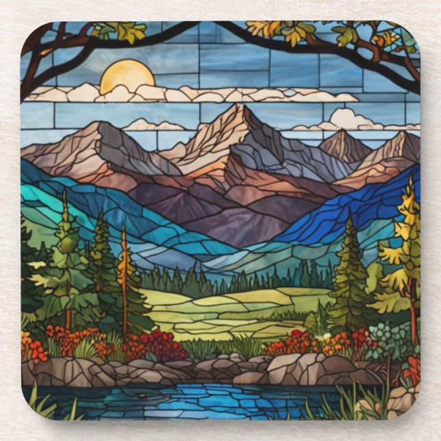 Woodland mountain scene vintage stain glass beverage coaster (Front)