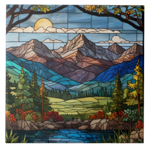 Woodland mountain scene vintage stain glass ceramic tile