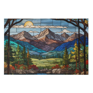 Woodland mountain scene vintage stain glass faux canvas print