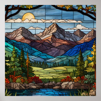 Woodland mountain scene vintage stain glass poster