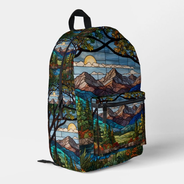 Woodland mountain scene vintage stain glass printed backpack (Back Corner Left)