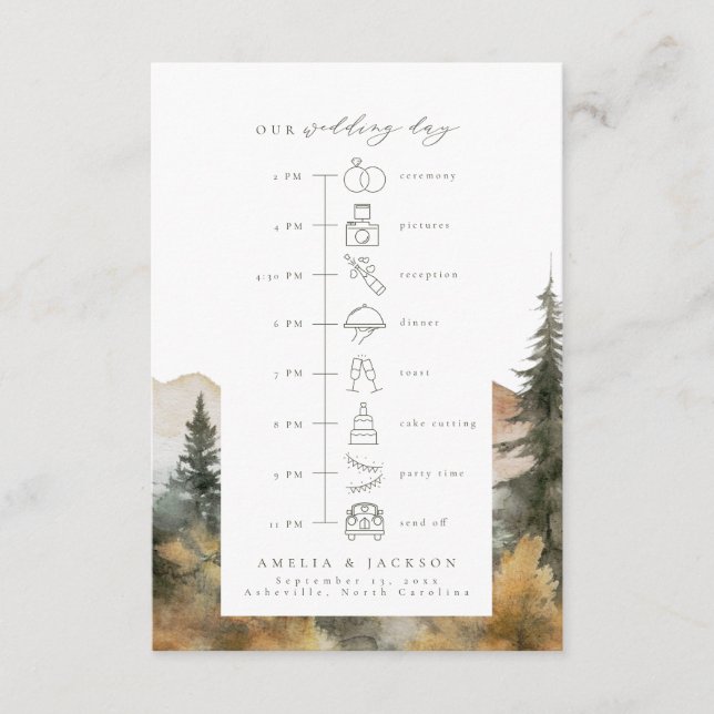 Woodland Mountain Wedding Timeline With Icons Enclosure Card (Front)
