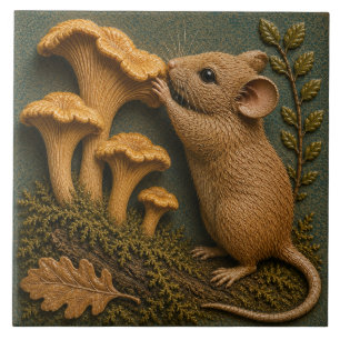 Woodland Mouse & Chanterelle Mushroom Autumn Ceramic Tile