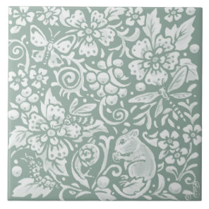 Woodland Mouse Sage Green Butterfly Bee Dragonfly Ceramic Tile