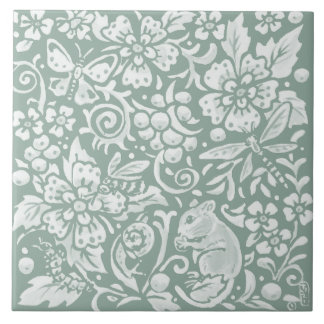 Woodland Mouse Sage Green Butterfly Bee Dragonfly Ceramic Tile
