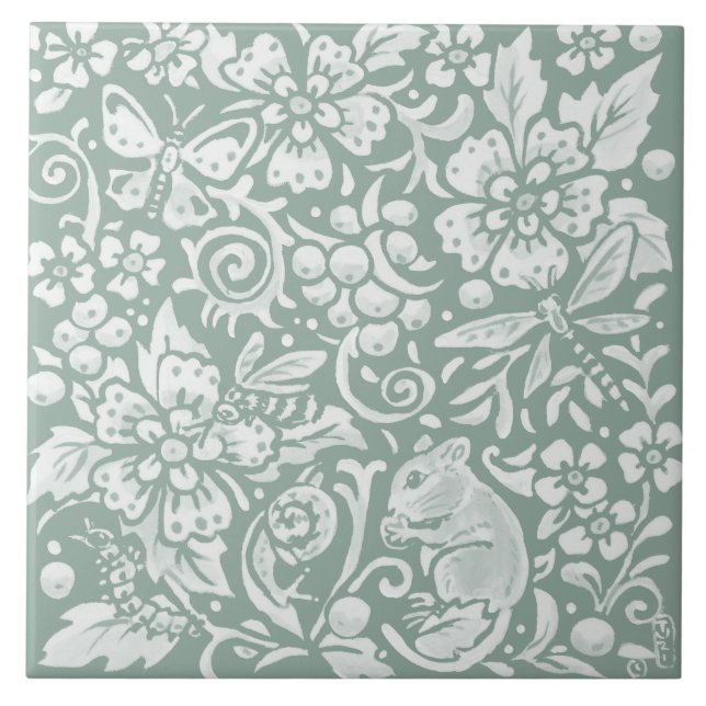 Woodland Mouse Sage Green Butterfly Bee Dragonfly Ceramic Tile (Front)