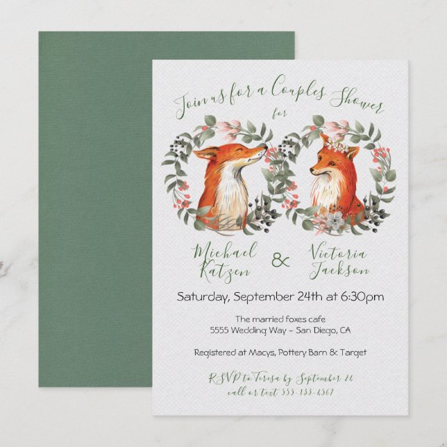 Woodland Mr. and Mrs. Fox portrait wreath Shower Invitation (Front/Back)