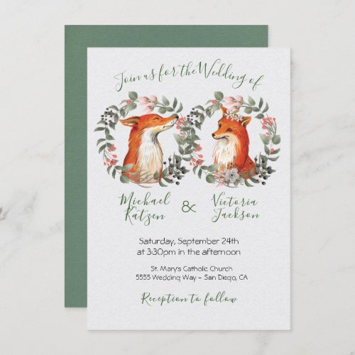 Woodland Mr and Mrs Fox portrait wreath Wedding Invitation