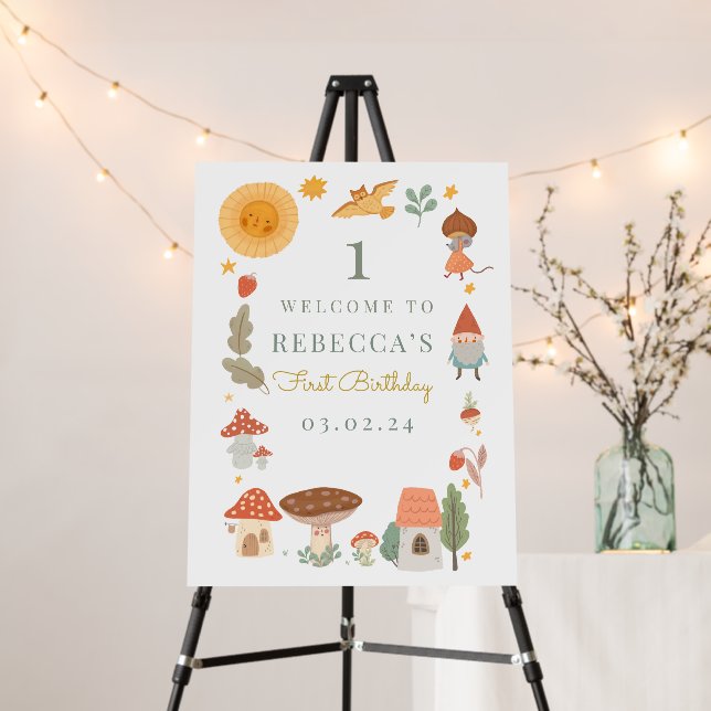 Woodland Mushroom 1st Birthday Welcome Sign (In Situ (Stand))