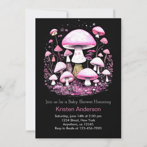 Woodland Mushroom Blissful Pink Girl Baby Shower Invitation