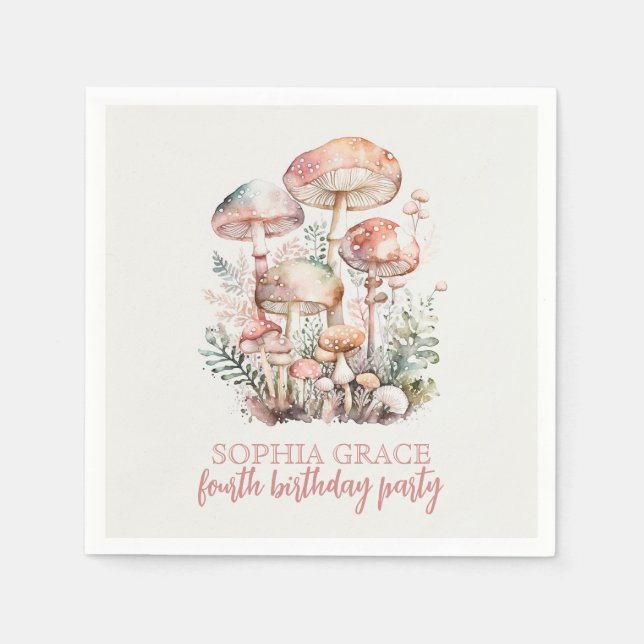 Woodland Mushroom Blush Pink Kids Birthday Party Napkins (Front)