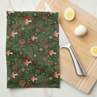 Woodland Mushroom Christmas Greenery Kitchen Towel