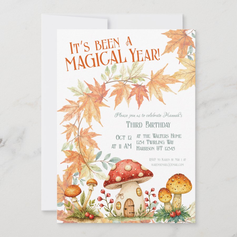 Woodland Mushroom Fall Birthday Invitation