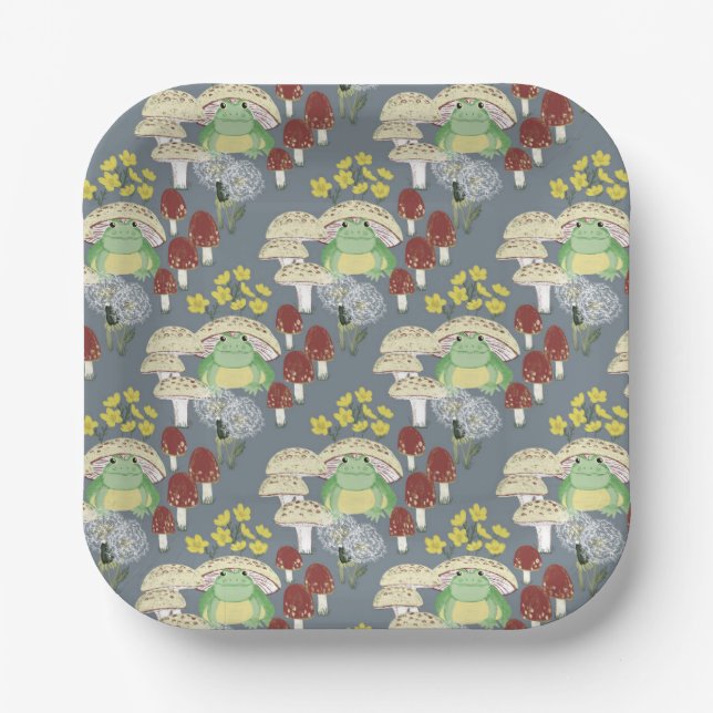 Woodland Mushroom Frogs "Hop Couture" Paper Plates (Front)