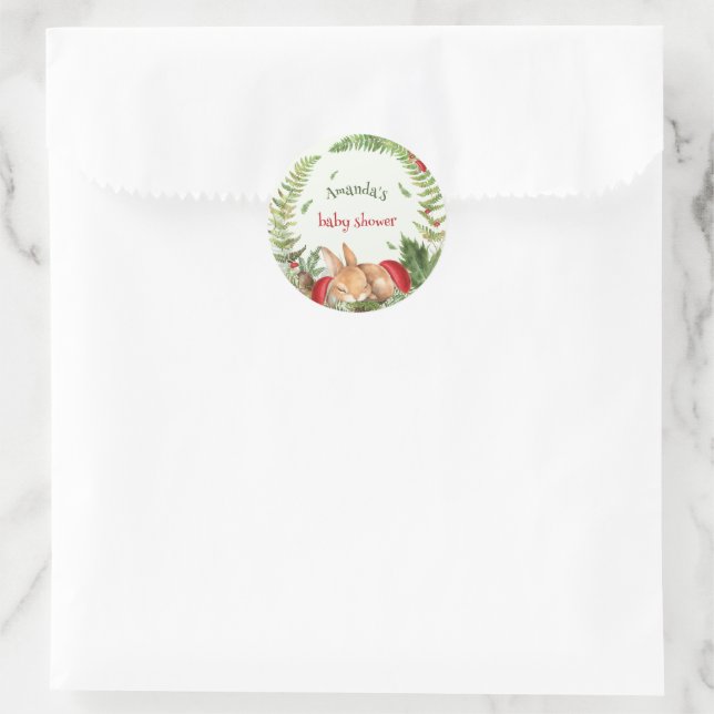 Woodland mushroom fuzzy bunny baby shower  classic round sticker (Bag)