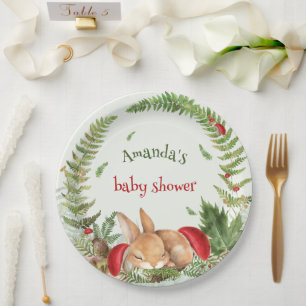 Woodland mushroom fuzzy bunny baby shower paper plates
