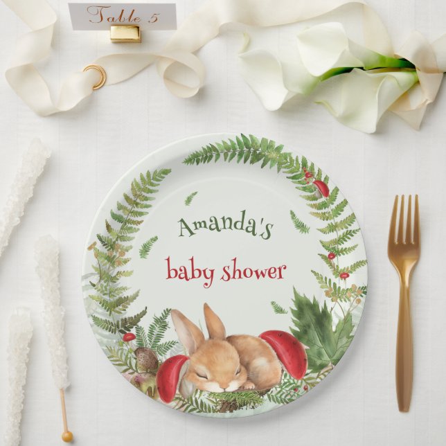 Woodland mushroom fuzzy bunny baby shower  paper plates (Wedding)