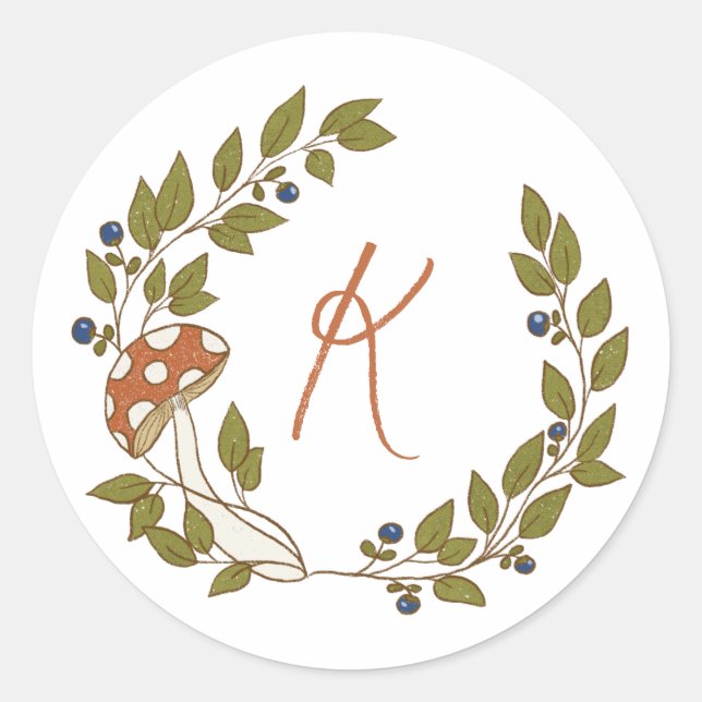 Woodland Mushroom Monogram Classic Round Sticker (Front)