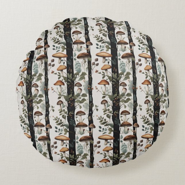 Woodland Mushroom Tree Pattern Round Pillow (Front)