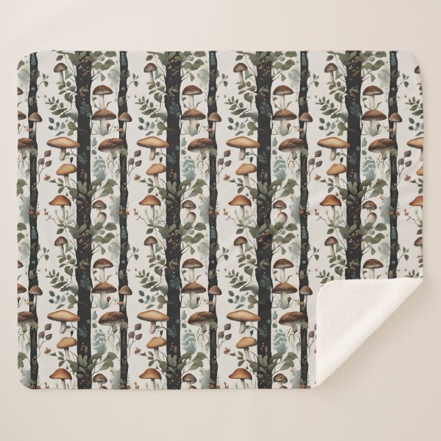Woodland Mushroom Tree Pattern Sherpa Blanket (Front (Horizontal))