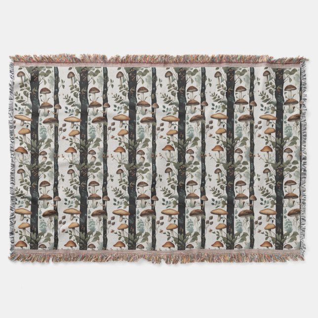 Woodland Mushroom Tree Pattern Throw Blanket (Front)