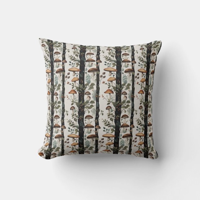 Woodland Mushroom Tree Pattern Throw Pillow (Front)