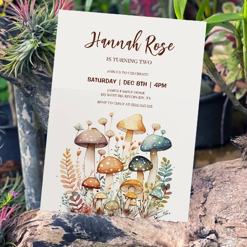 Woodland Mushroom Watercolor Birthday Invitation