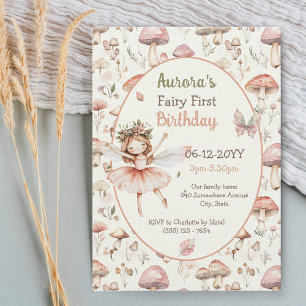 Woodland mushroom watercolor Fairy First birthday Invitation