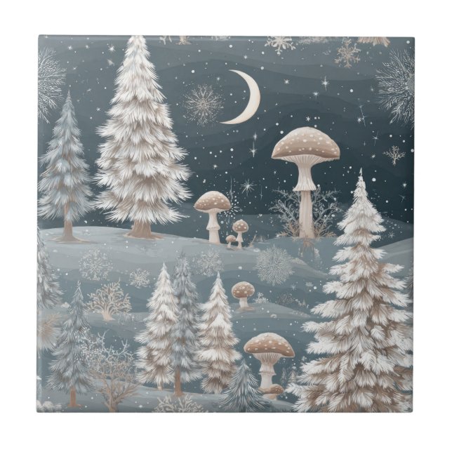 Woodland Mushroom Winter Forest Pattern Ceramic Tile (Front)
