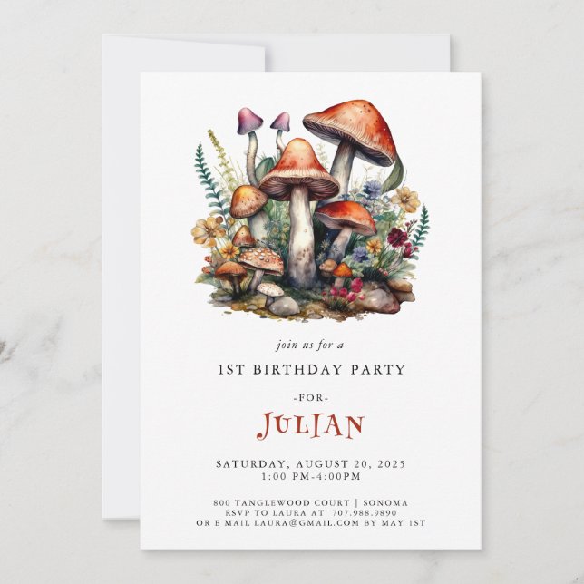Woodland Mushrooms 1st Birthday Invitation (Front)