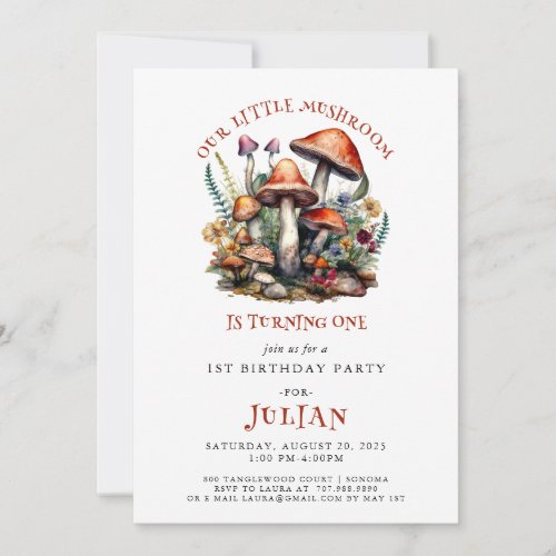 Woodland Mushrooms 1st Birthday Invitation