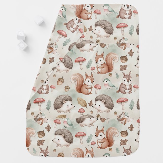 Woodland Mushrooms and Critters Pattern Baby Blanket (In Situ)