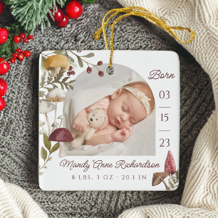 Woodland Mushrooms Baby Birth Stats Photo Ceramic Ornament