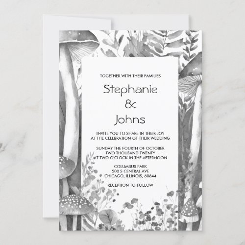 Woodland Mushrooms Grey Black White Artsy Wedding Invitation