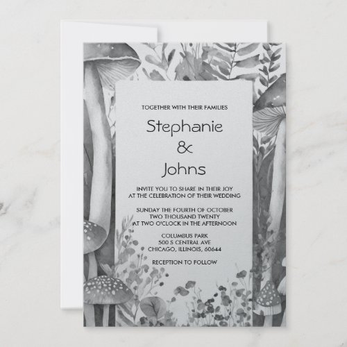 Woodland Mushrooms Grey Black White Silver Wedding Invitation