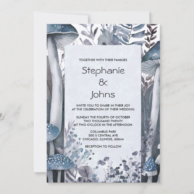 Woodland Mushrooms Grey Blue Rustic Silver Wedding Invitation (Front)