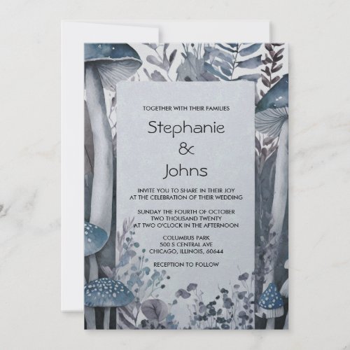 Woodland Mushrooms Grey Blue Rustic Silver Wedding Invitation