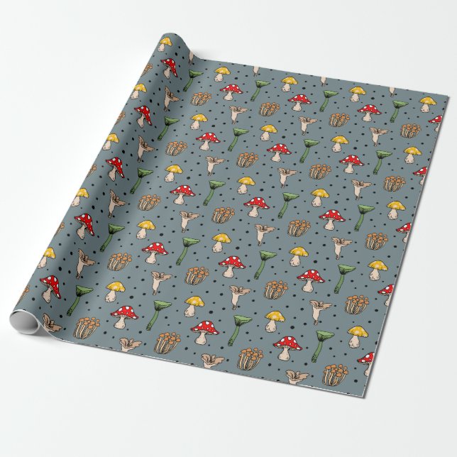 Woodland Mushrooms Pattern Wrapping Paper (Unrolled)