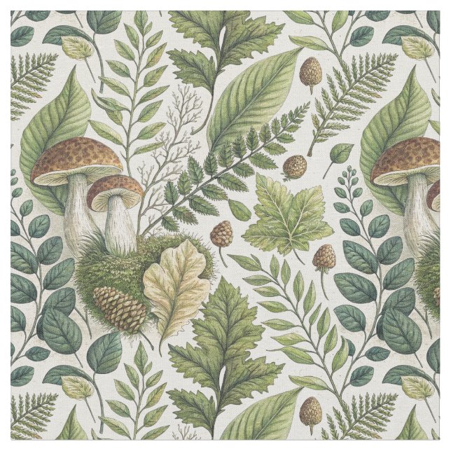 Woodland Mushrooms Pinecones Ferns Autumn Pattern Fabric (Close Up)