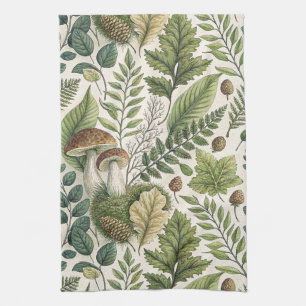 Woodland Mushrooms Pinecones Ferns Autumn Pattern Kitchen Towel