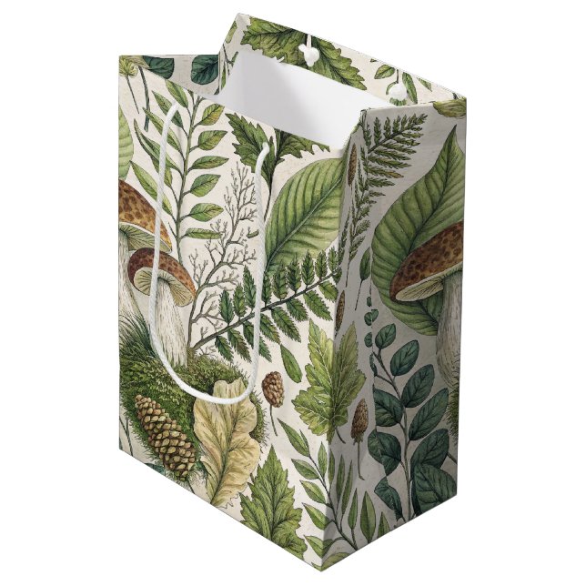 Woodland Mushrooms Pinecones Ferns Autumn Pattern Medium Gift Bag (Front Angled)
